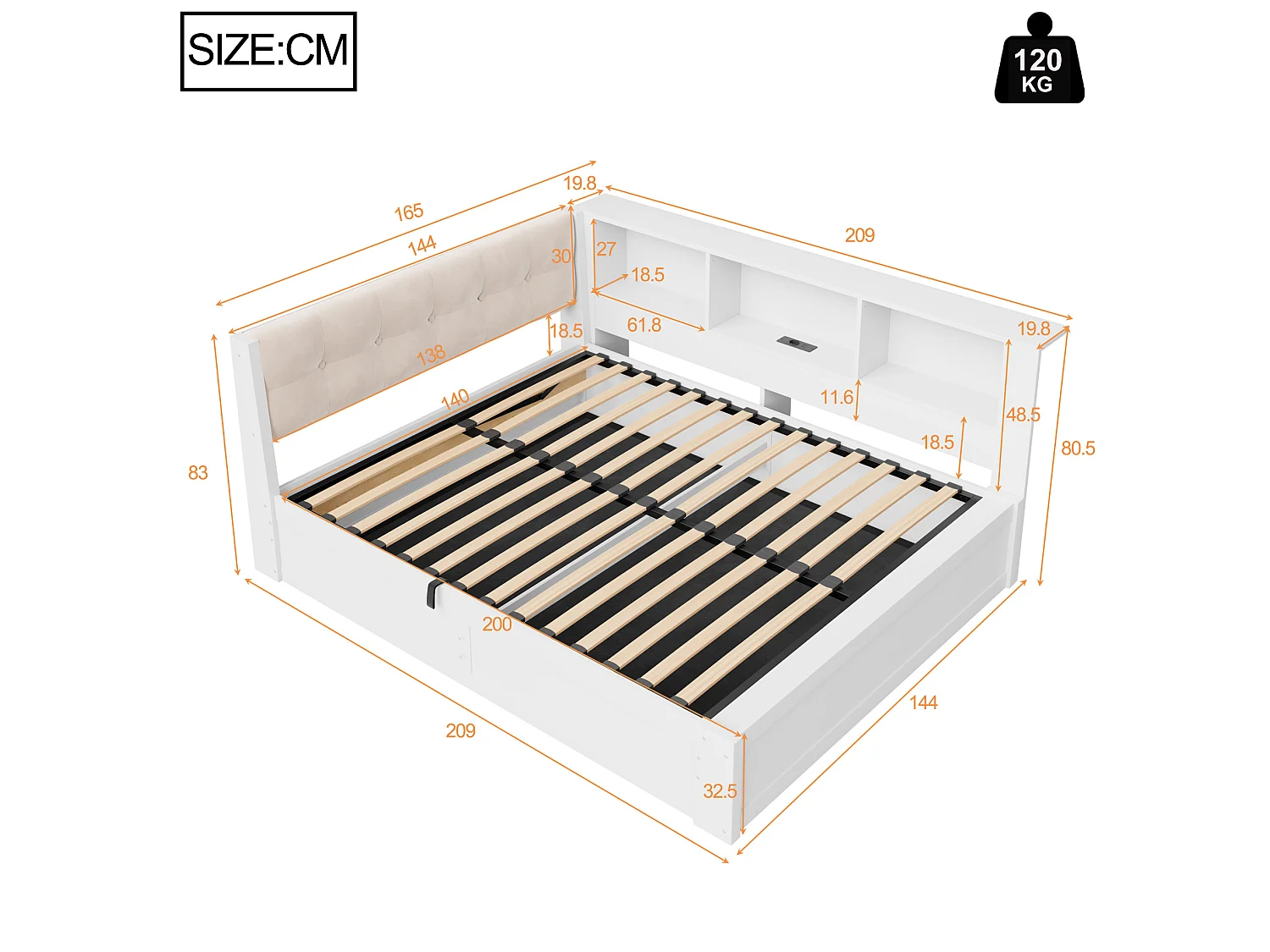Stauraumbett 140x200 cm weiß Holz, dimmbare LED, USB, Regal, ohne Matratze