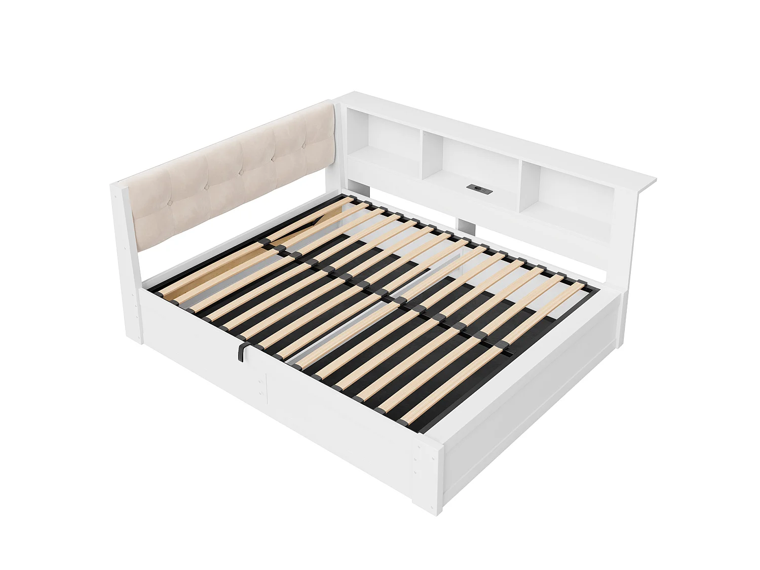 Stauraumbett 140x200 cm weiß Holz, dimmbare LED, USB, Regal, ohne Matratze