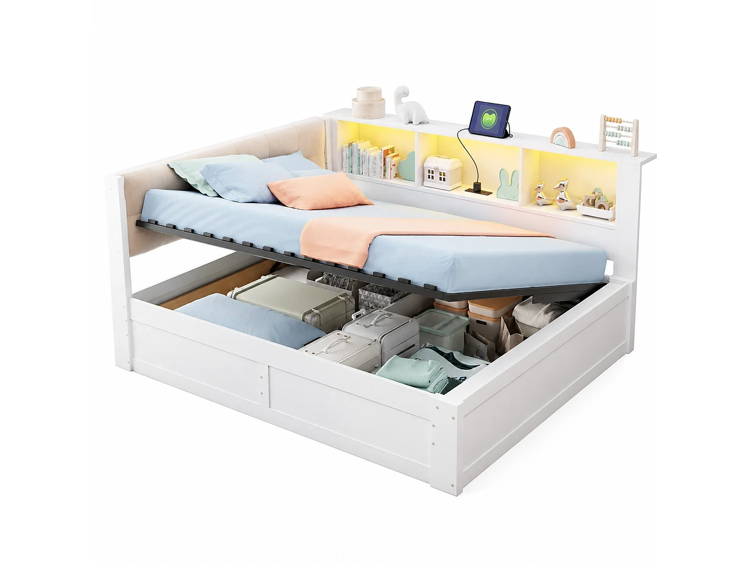 Stauraumbett 140x200 cm weiß Holz, dimmbare LED, USB, Regal, ohne Matratze