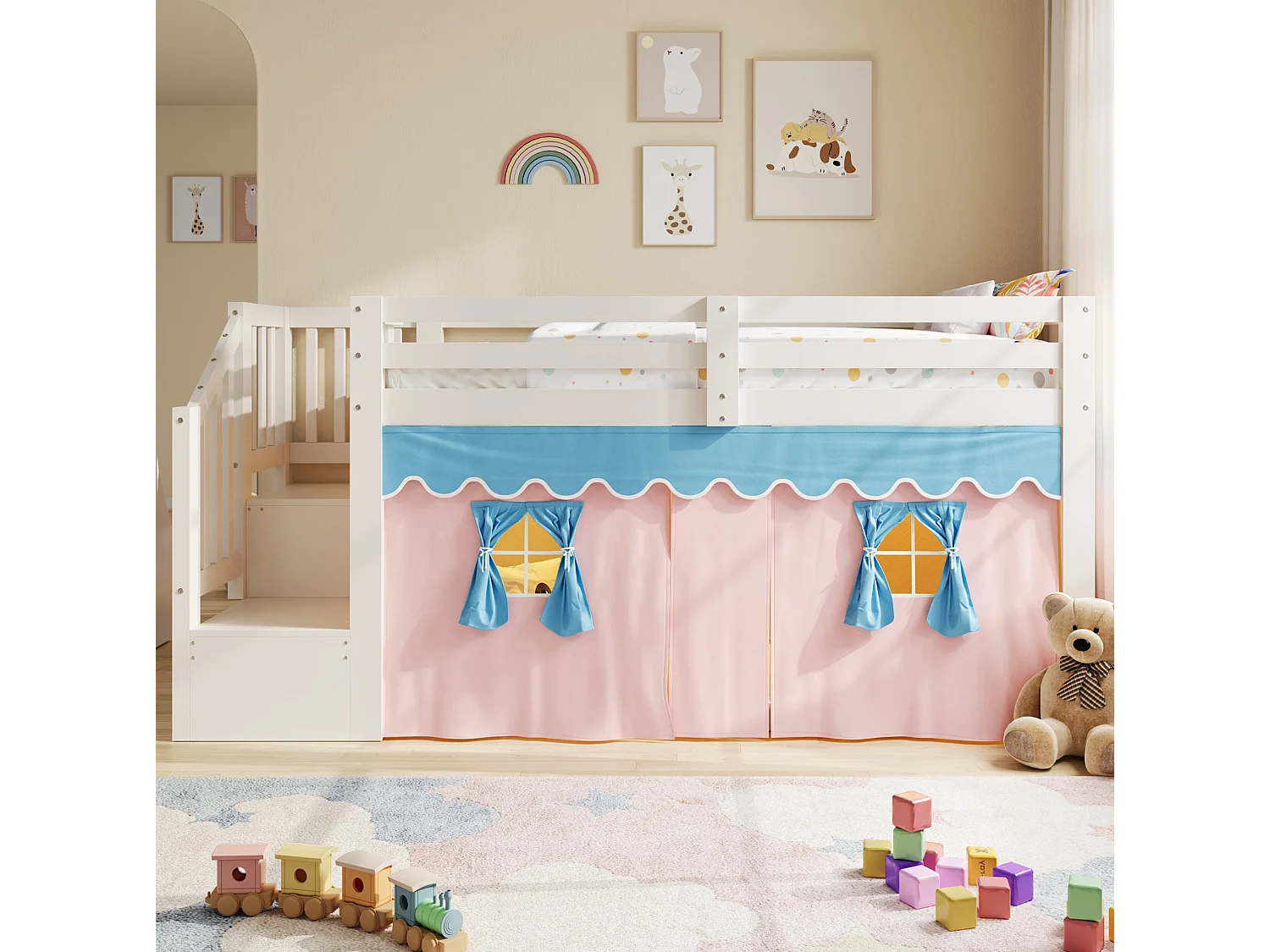 Halbhohbett 90x200 cm weiß Kiefernholz & MDF, Verdunkelungsvorhänge, einstellbare LED-Beleuchtung, Stauraum, ohne Matratze