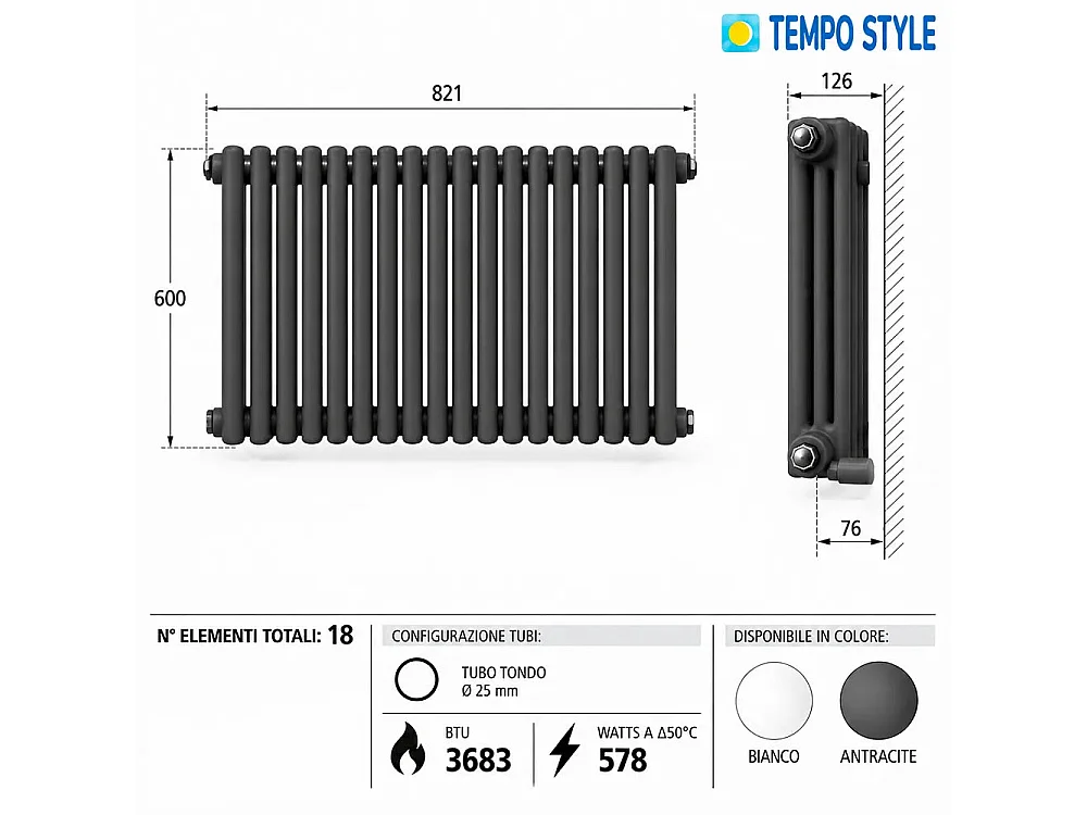 Tempo Style - Radiateur 600x821 mm | 578 W | Radiateur décoratif 3683 BTU à 18 éléments - Anthracite