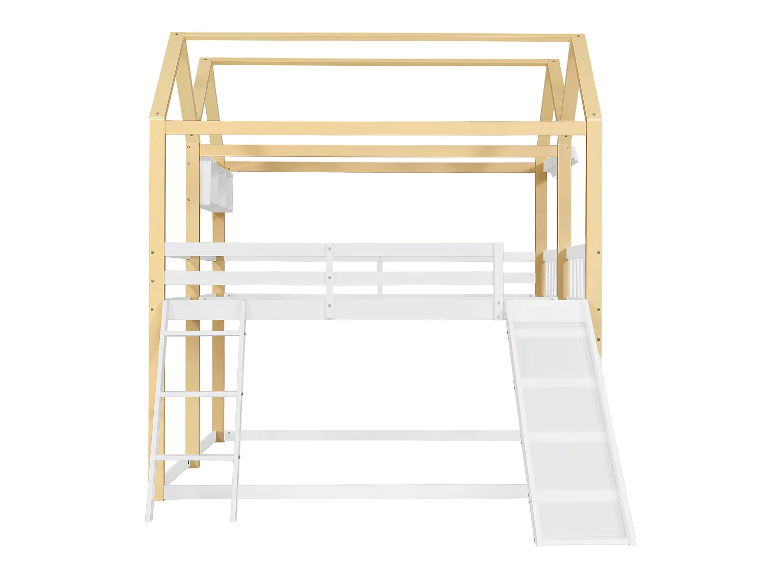 Kinder-Halbhohbett 90x200 cm aus weißem und naturbelassenem Holz mit variabler Rutsche und Leiter, ohne Matratze
