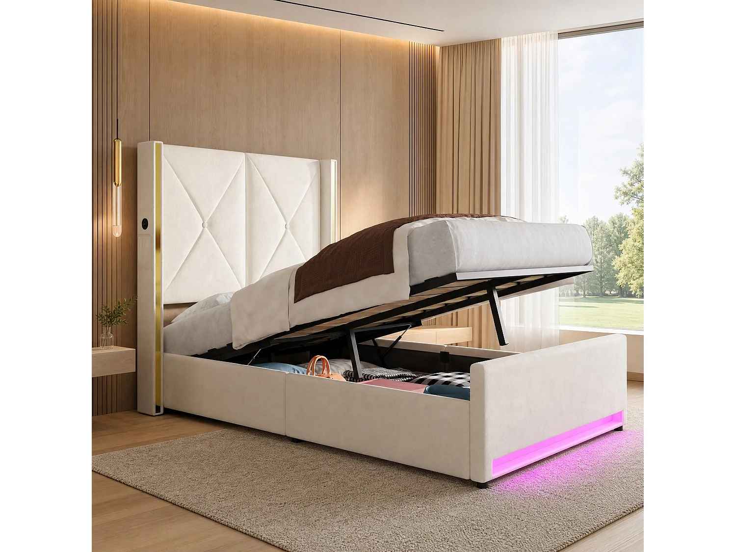 Bettkastenbett 90x200 cm aus beigem Velours, hohes LED-Kopfteil, USB- und USB-C-Anschluss sowie Seitentaschen, ohne Matratze