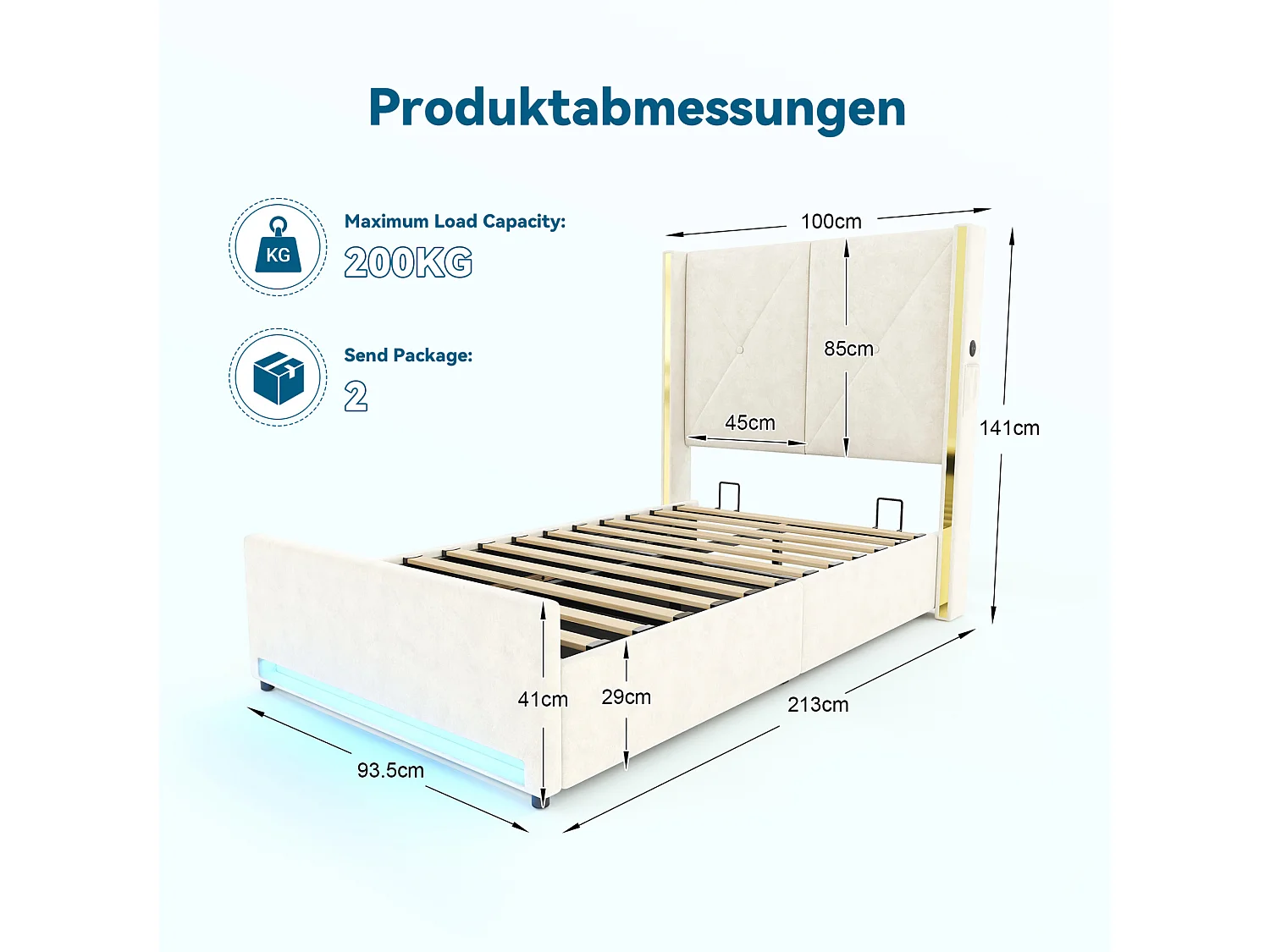 Bettkastenbett 90x200 cm aus beigem Velours, hohes LED-Kopfteil, USB- und USB-C-Anschluss sowie Seitentaschen, ohne Matratze