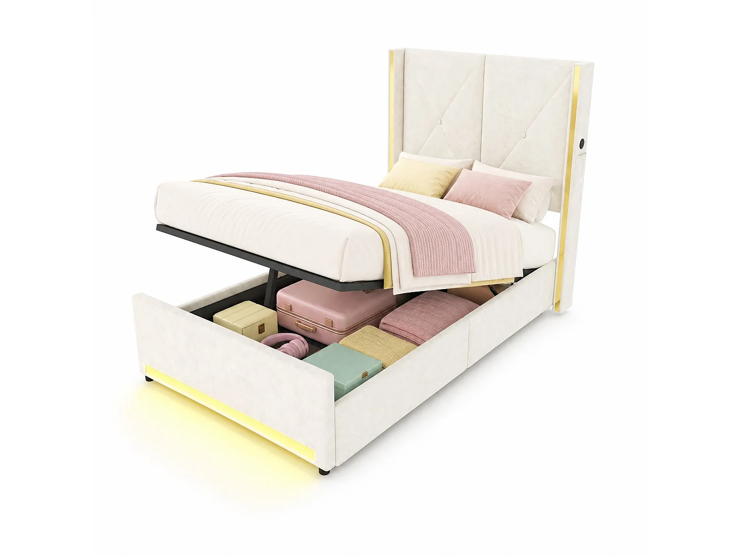 Bettkastenbett 90x200 cm aus beigem Velours, hohes LED-Kopfteil, USB- und USB-C-Anschluss sowie Seitentaschen, ohne Matratze