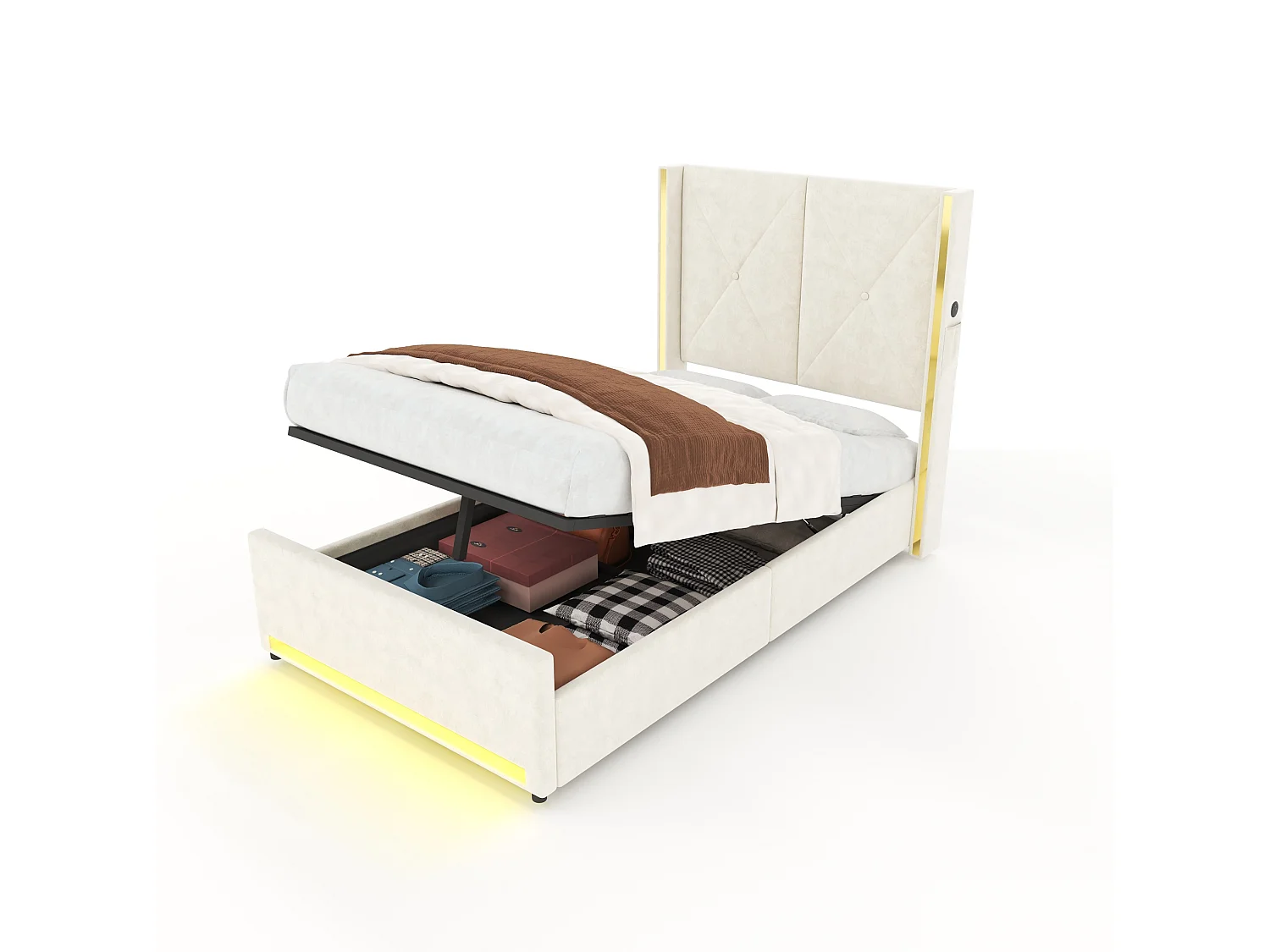 Bettkastenbett 90x200 cm aus beigem Velours, hohes LED-Kopfteil, USB- und USB-C-Anschluss sowie Seitentaschen, ohne Matratze