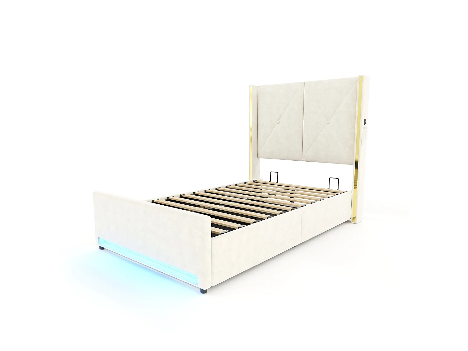 Bettkastenbett 90x200 cm aus beigem Velours, hohes LED-Kopfteil, USB- und USB-C-Anschluss sowie Seitentaschen, ohne Matratze