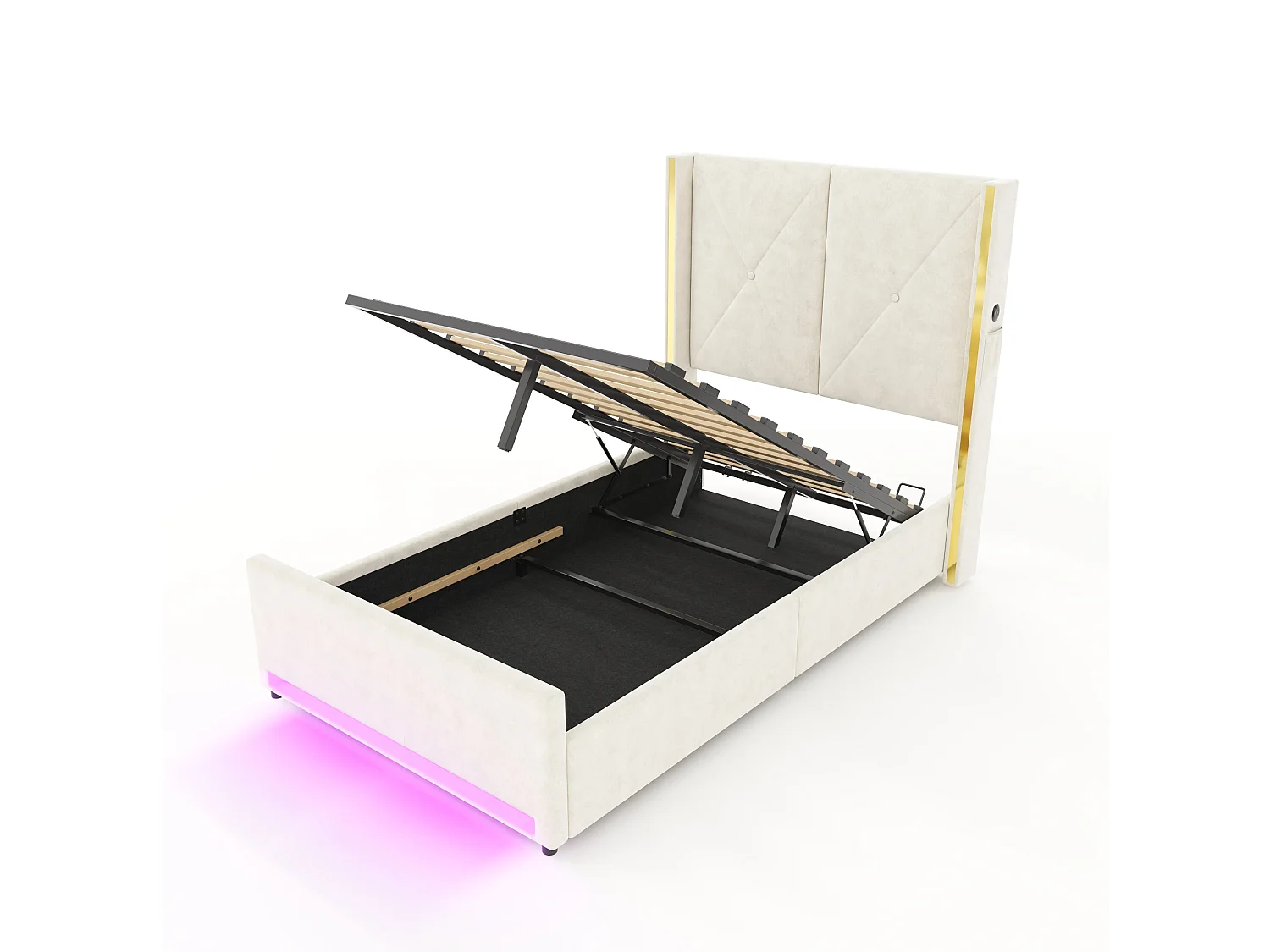 Bettkastenbett 90x200 cm aus beigem Velours, hohes LED-Kopfteil, USB- und USB-C-Anschluss sowie Seitentaschen, ohne Matratze