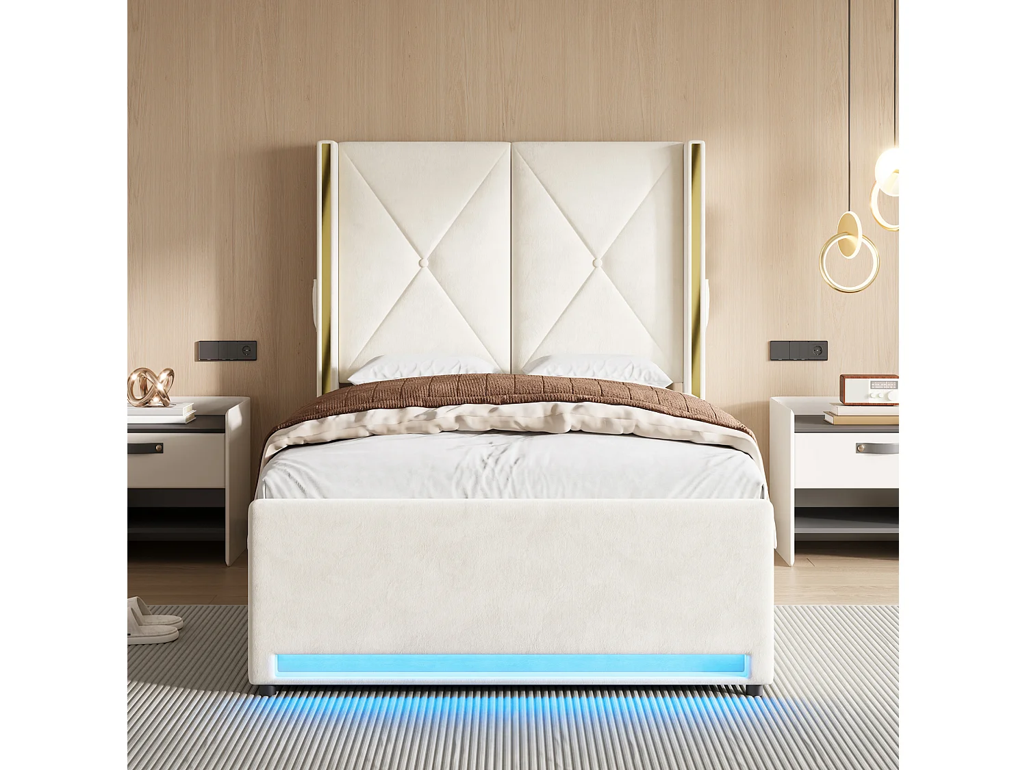 Bettkastenbett 90x200 cm aus beigem Velours, hohes LED-Kopfteil, USB- und USB-C-Anschluss sowie Seitentaschen, ohne Matratze