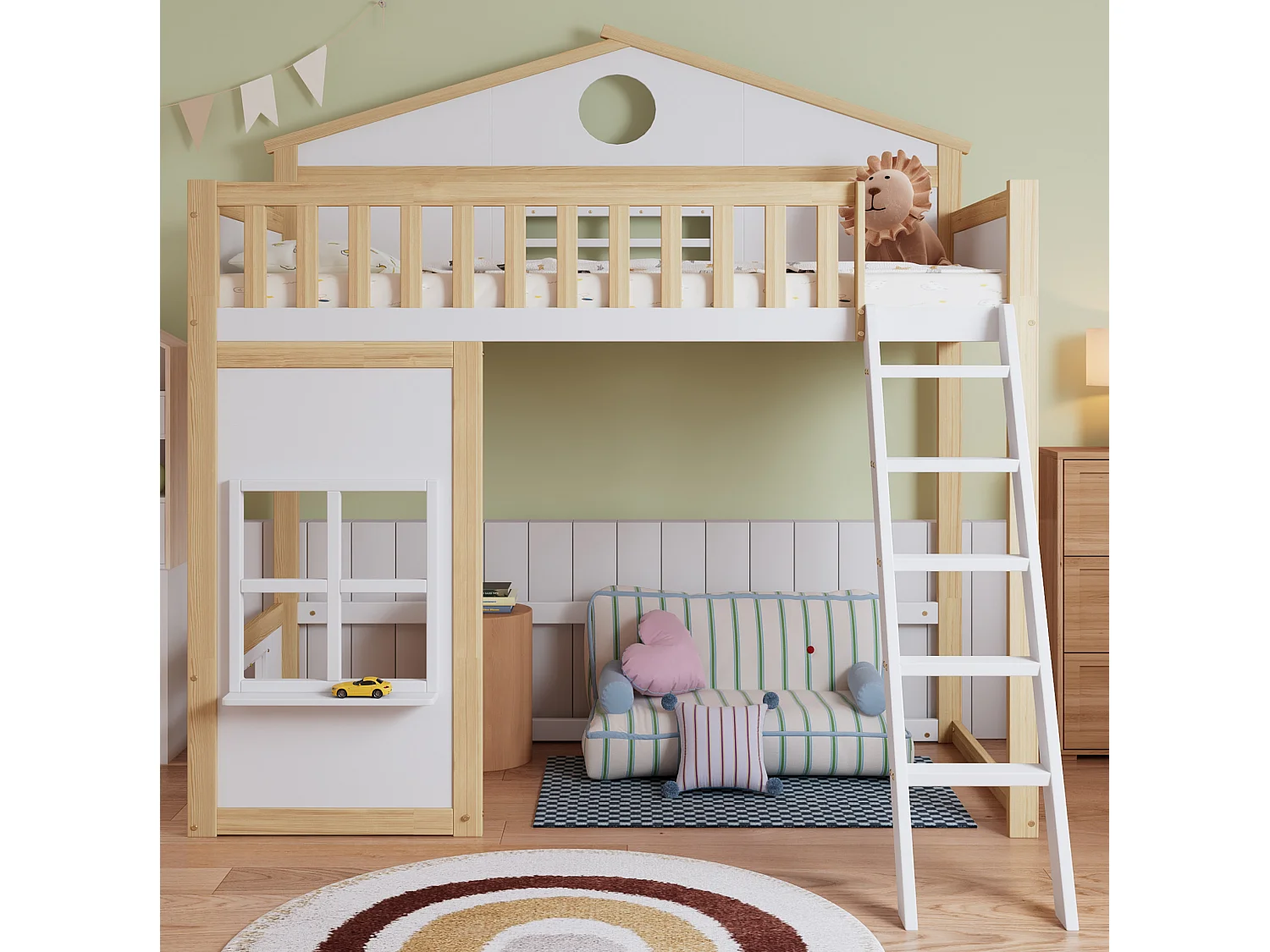 Kinder-Hochbett 90x200 cm aus Kiefer und weißem MDF, Treppe, Dach und Sicherheitsgeländer, ohne Matratze
