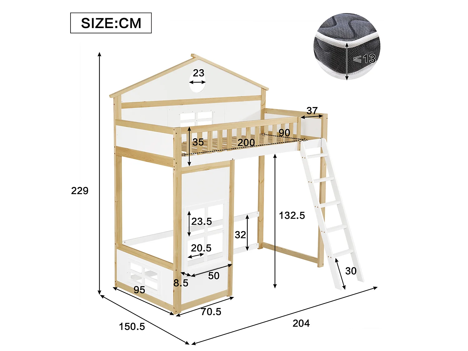 Kinder-Hochbett 90x200 cm aus Kiefer und weißem MDF, Treppe, Dach und Sicherheitsgeländer, ohne Matratze