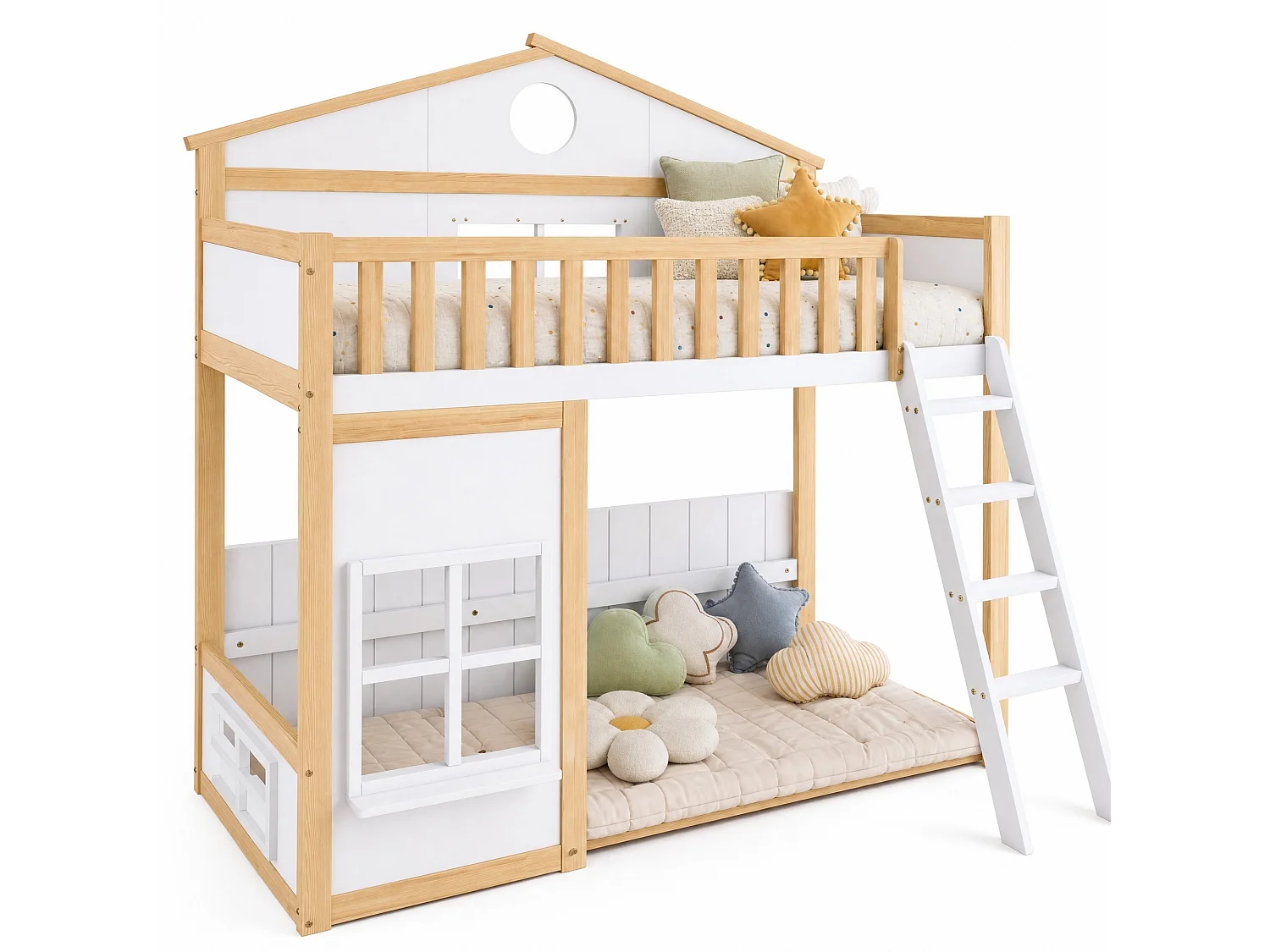 Kinder-Hochbett 90x200 cm aus Kiefer und weißem MDF, Treppe, Dach und Sicherheitsgeländer, ohne Matratze