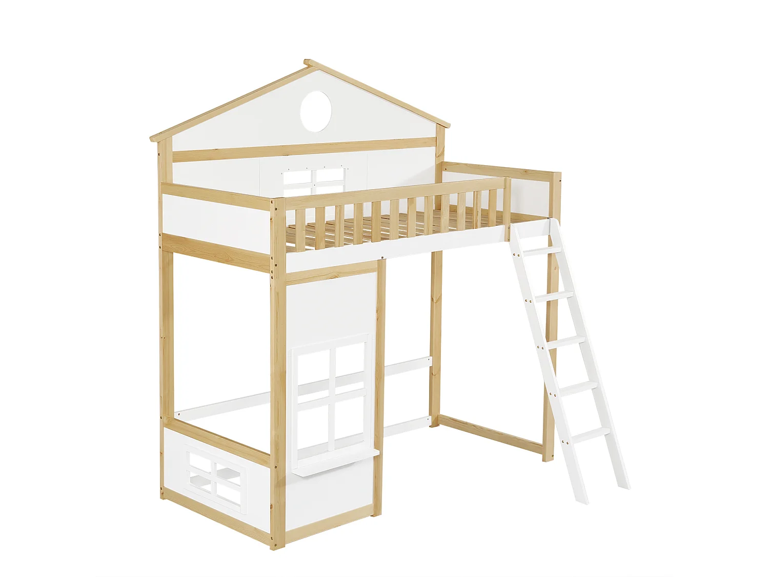 Kinder-Hochbett 90x200 cm aus Kiefer und weißem MDF, Treppe, Dach und Sicherheitsgeländer, ohne Matratze