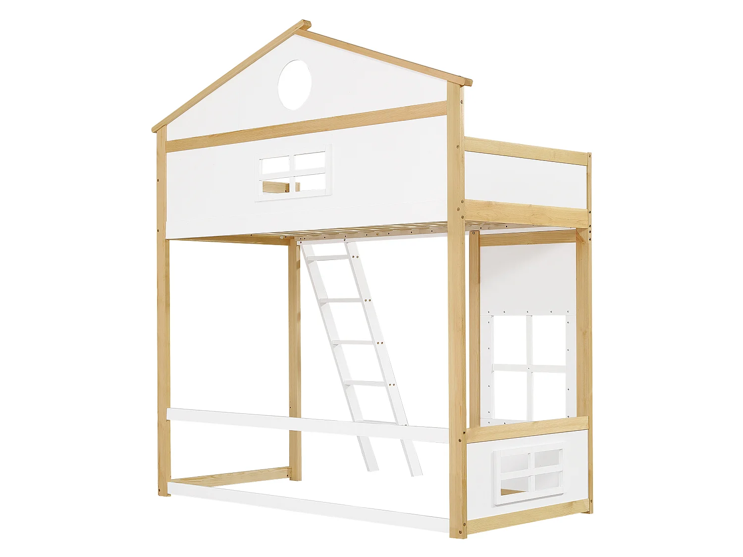 Kinder-Hochbett 90x200 cm aus Kiefer und weißem MDF, Treppe, Dach und Sicherheitsgeländer, ohne Matratze