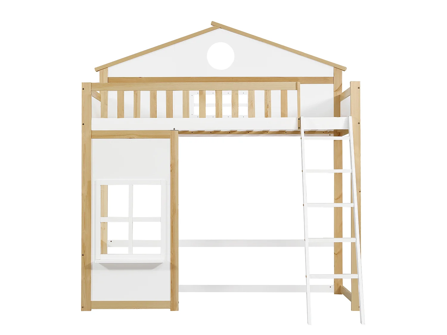 Kinder-Hochbett 90x200 cm aus Kiefer und weißem MDF, Treppe, Dach und Sicherheitsgeländer, ohne Matratze