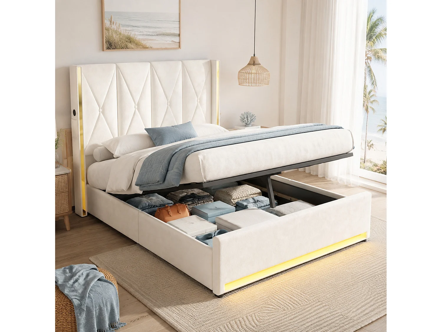 Bettkastenbett 160x200 cm aus beigem Velours, hohes LED-Kopfteil, USB- und USB-C-Anschluss sowie Seitentaschen, ohne Matratze
