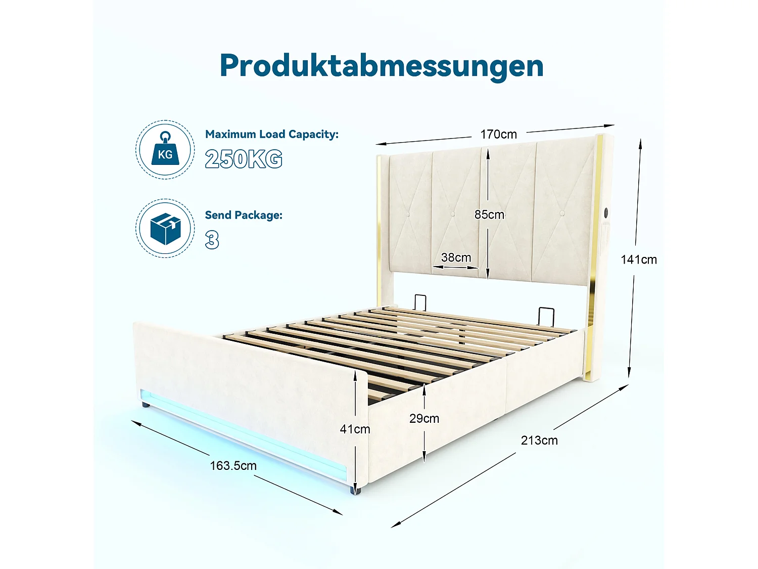 Bettkastenbett 160x200 cm aus beigem Velours, hohes LED-Kopfteil, USB- und USB-C-Anschluss sowie Seitentaschen, ohne Matratze