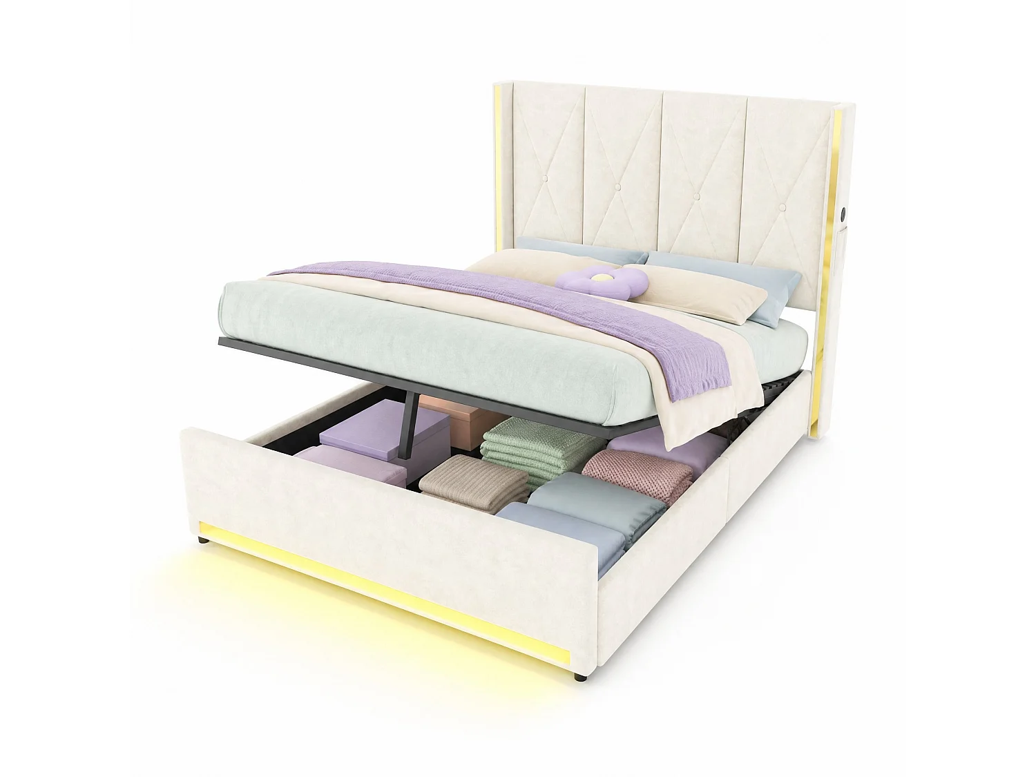 Bettkastenbett 160x200 cm aus beigem Velours, hohes LED-Kopfteil, USB- und USB-C-Anschluss sowie Seitentaschen, ohne Matratze