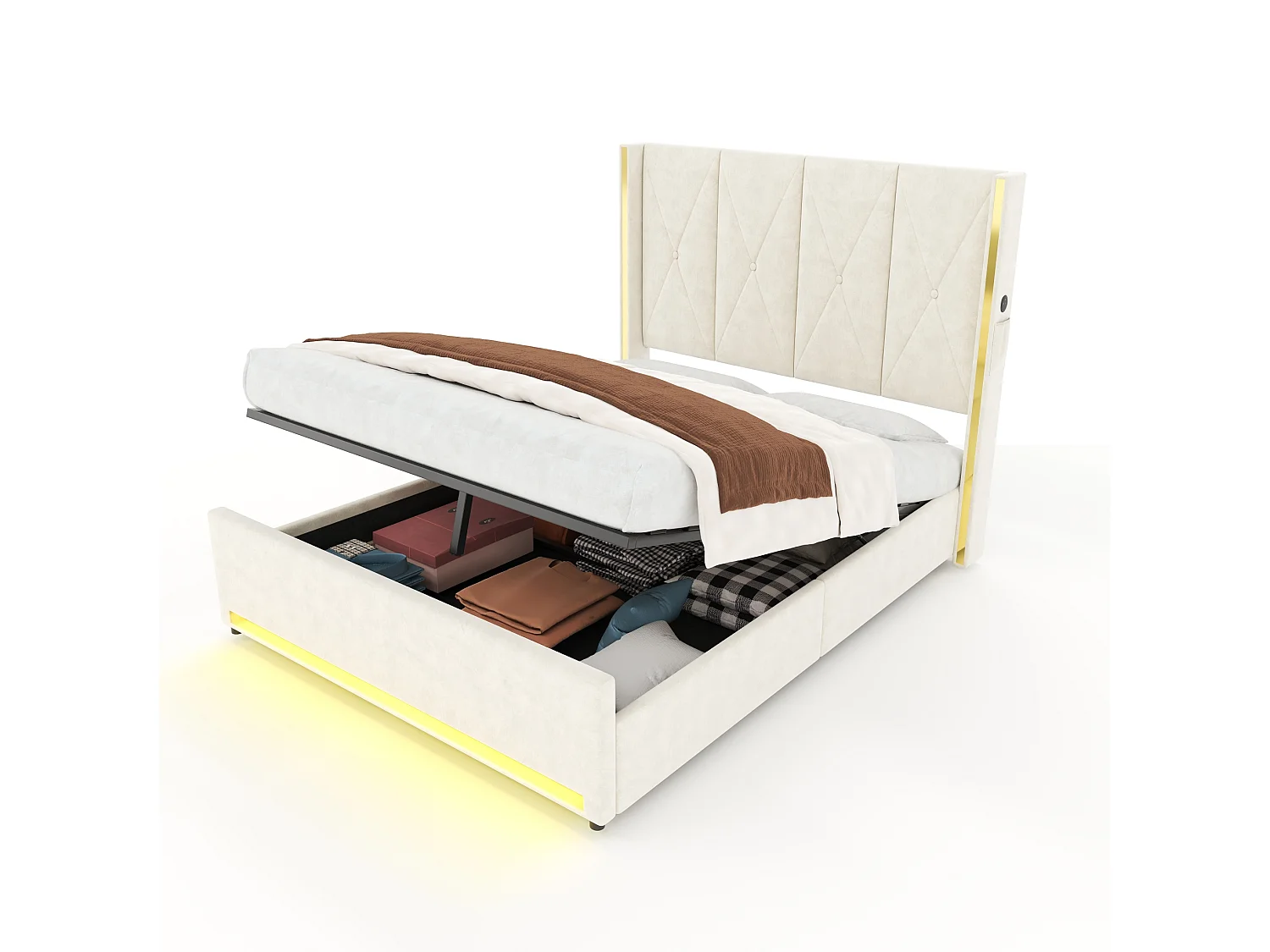 Bettkastenbett 160x200 cm aus beigem Velours, hohes LED-Kopfteil, USB- und USB-C-Anschluss sowie Seitentaschen, ohne Matratze