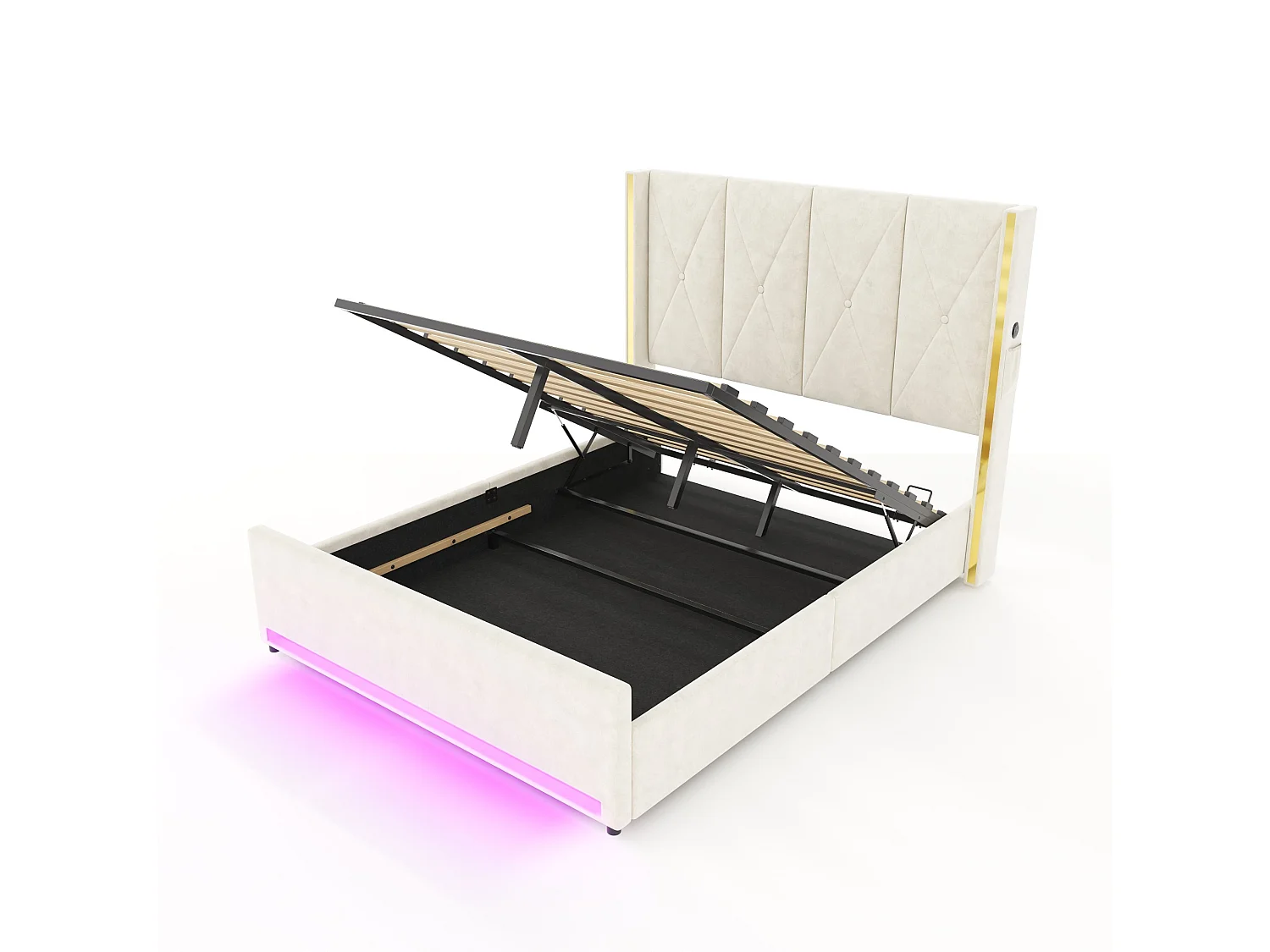 Bettkastenbett 160x200 cm aus beigem Velours, hohes LED-Kopfteil, USB- und USB-C-Anschluss sowie Seitentaschen, ohne Matratze