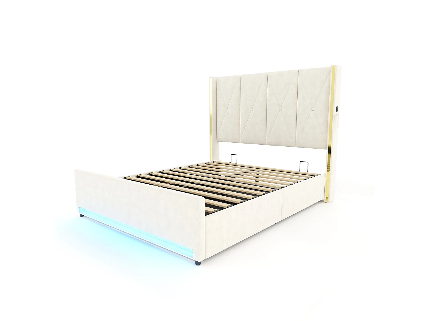 Bettkastenbett 160x200 cm aus beigem Velours, hohes LED-Kopfteil, USB- und USB-C-Anschluss sowie Seitentaschen, ohne Matratze