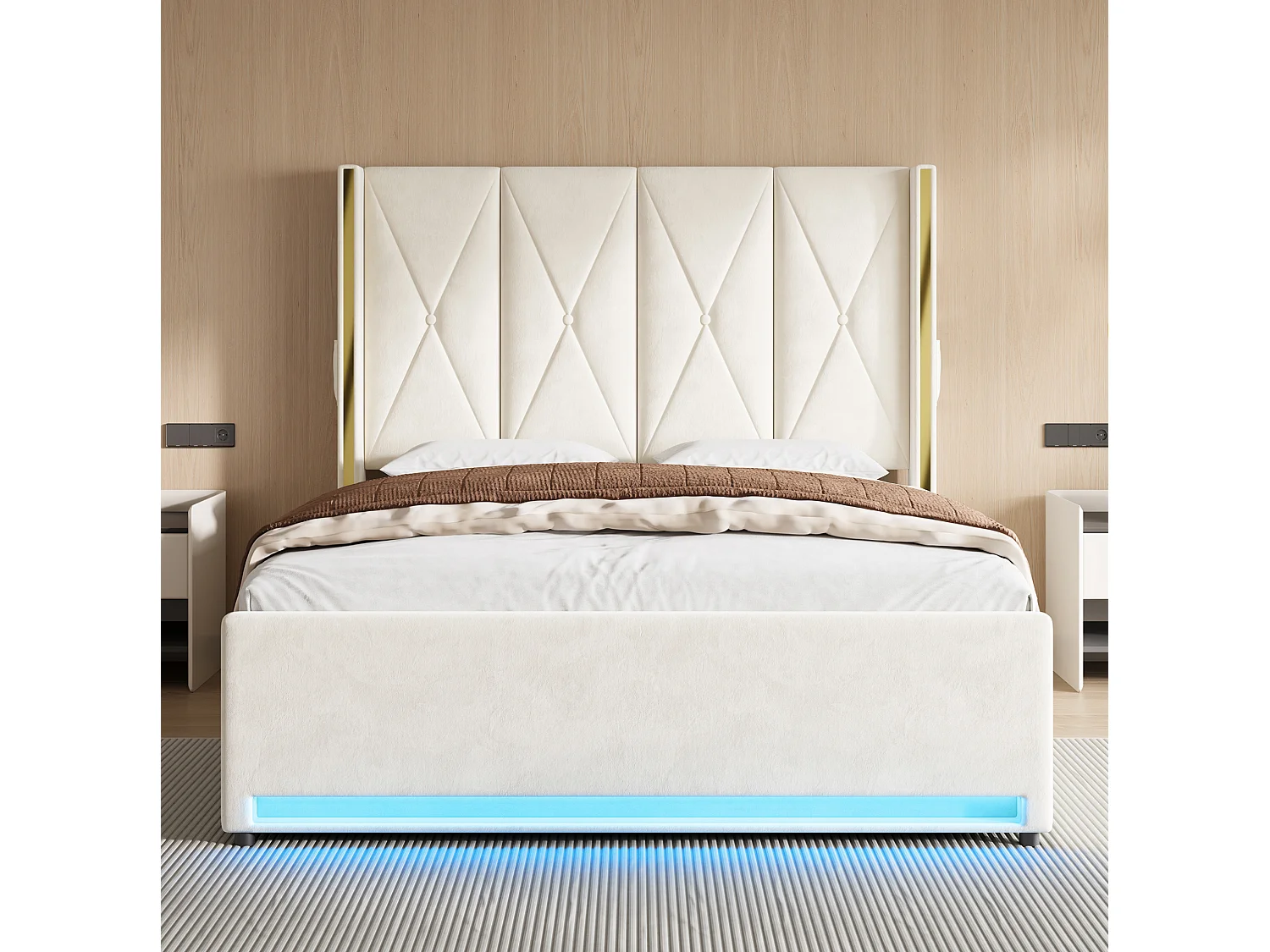Bettkastenbett 160x200 cm aus beigem Velours, hohes LED-Kopfteil, USB- und USB-C-Anschluss sowie Seitentaschen, ohne Matratze
