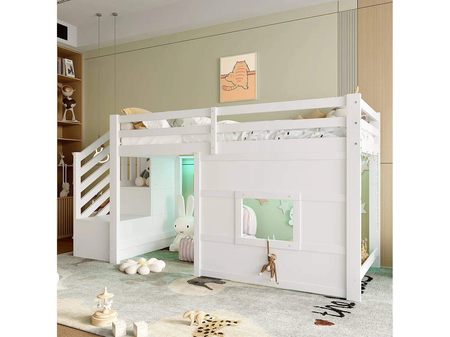 Kinder-Halbhohbett 90x200 cm aus weißem Holz mit Stauraumtreppe, Fenster und LED-Beleuchtung, ohne Matratze