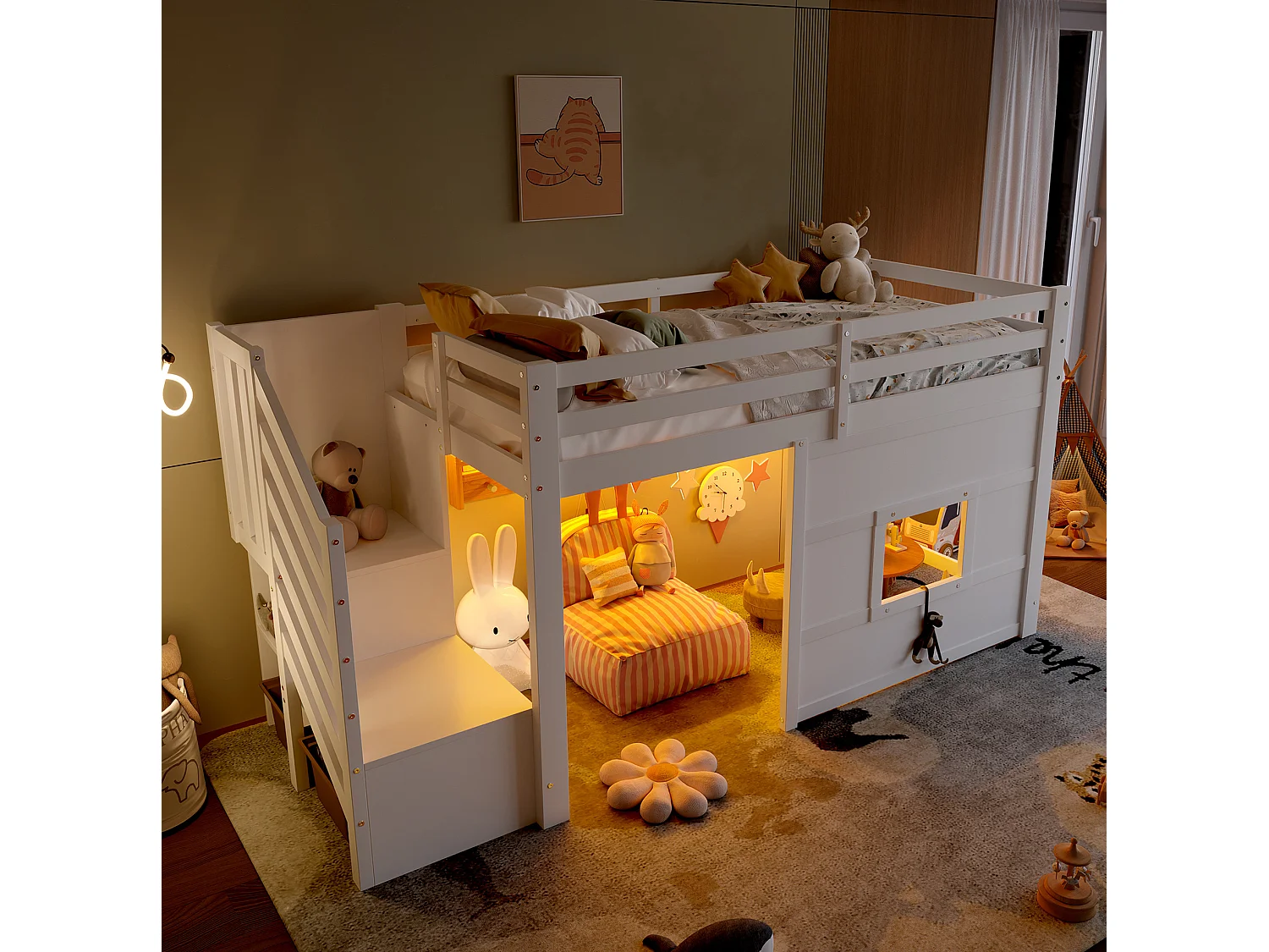 Kinder-Halbhohbett 90x200 cm aus weißem Holz mit Stauraumtreppe, Fenster und LED-Beleuchtung, ohne Matratze