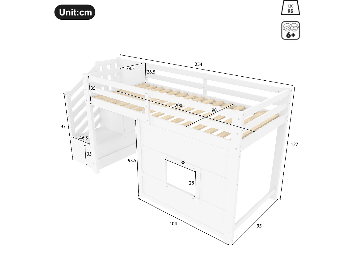 Kinder-Halbhohbett 90x200 cm aus weißem Holz mit Stauraumtreppe, Fenster und LED-Beleuchtung, ohne Matratze