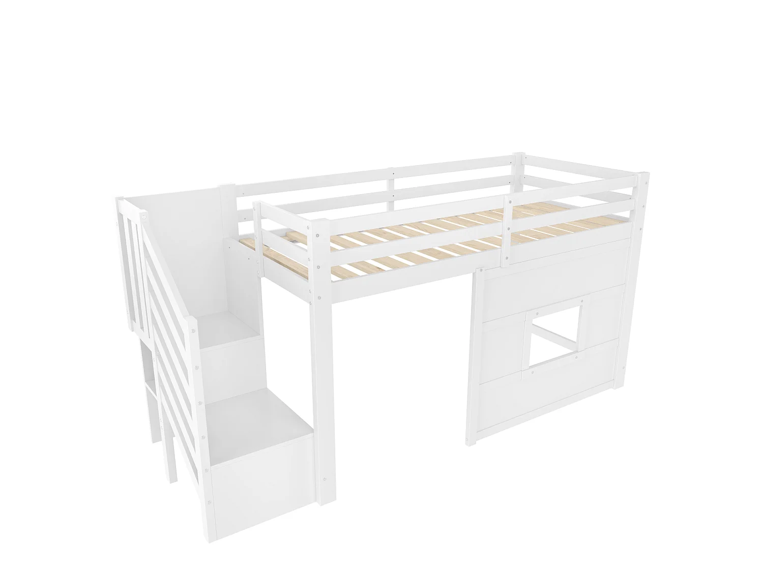 Kinder-Halbhohbett 90x200 cm aus weißem Holz mit Stauraumtreppe, Fenster und LED-Beleuchtung, ohne Matratze