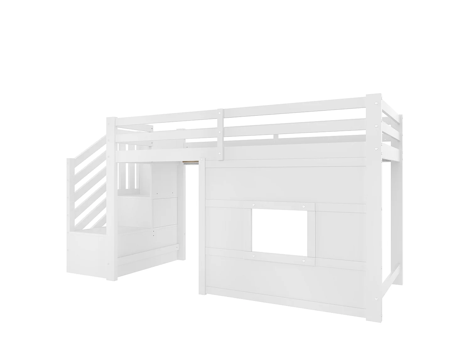 Kinder-Halbhohbett 90x200 cm aus weißem Holz mit Stauraumtreppe, Fenster und LED-Beleuchtung, ohne Matratze