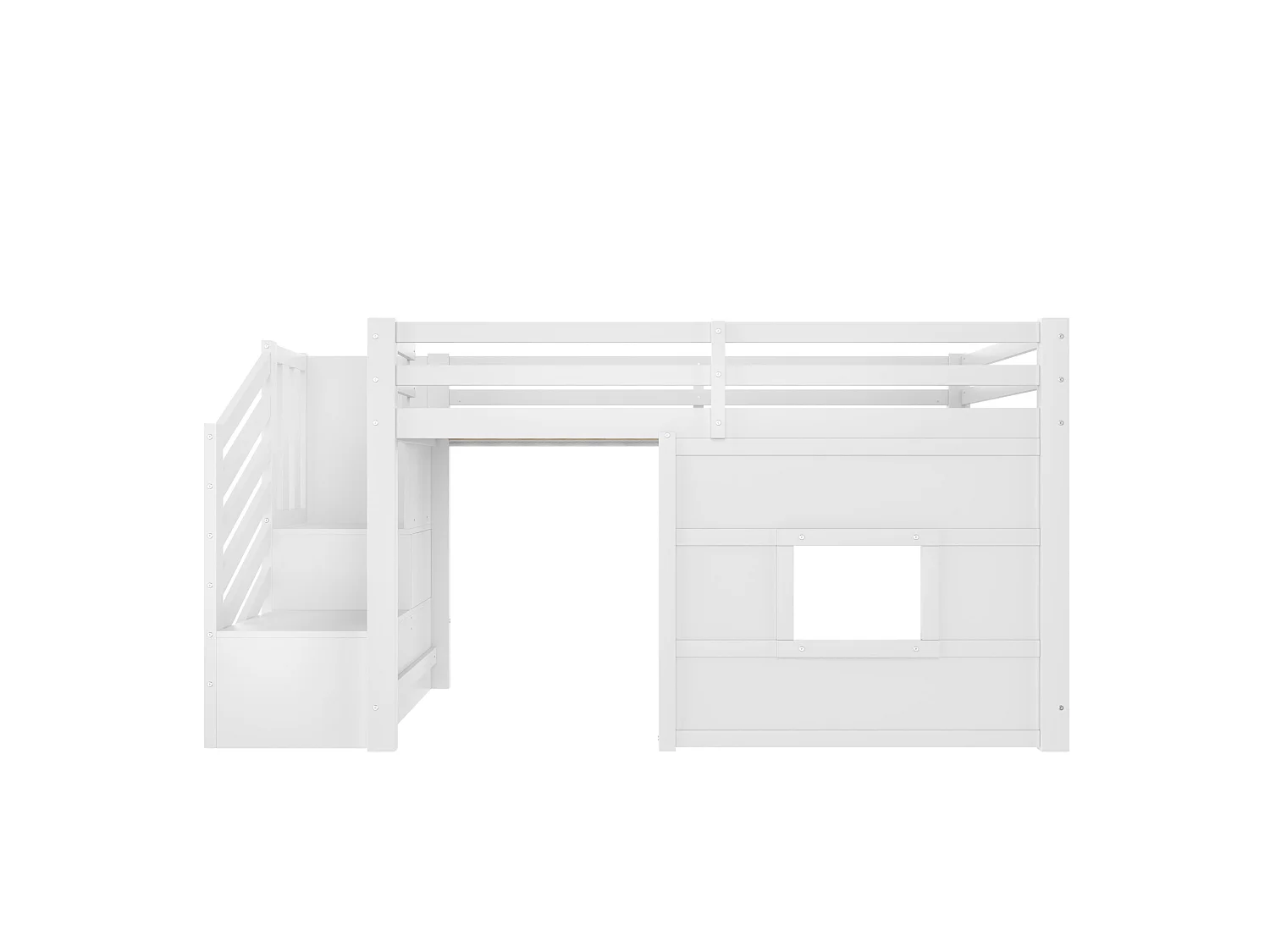 Kinder-Halbhohbett 90x200 cm aus weißem Holz mit Stauraumtreppe, Fenster und LED-Beleuchtung, ohne Matratze