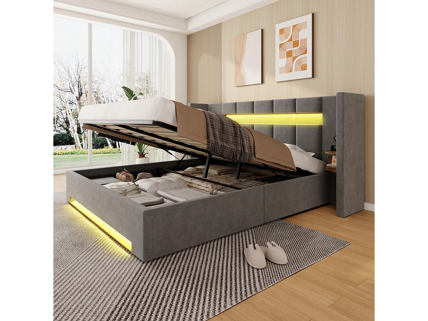 Bettkastenbett 160x200 cm aus dunkelgrauem Velours, Kopfteil mit LED, Nachttisch und 2 USB-Anschlüssen, ohne Matratze