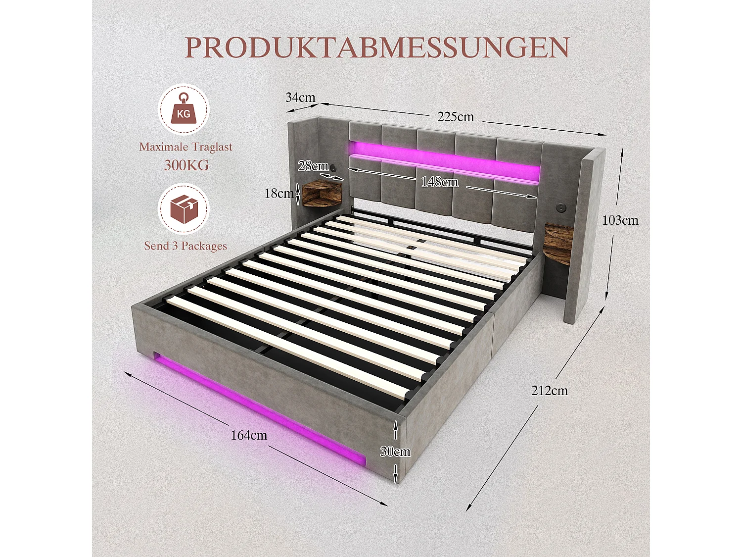 Bettkastenbett 160x200 cm aus dunkelgrauem Velours, Kopfteil mit LED, Nachttisch und 2 USB-Anschlüssen, ohne Matratze