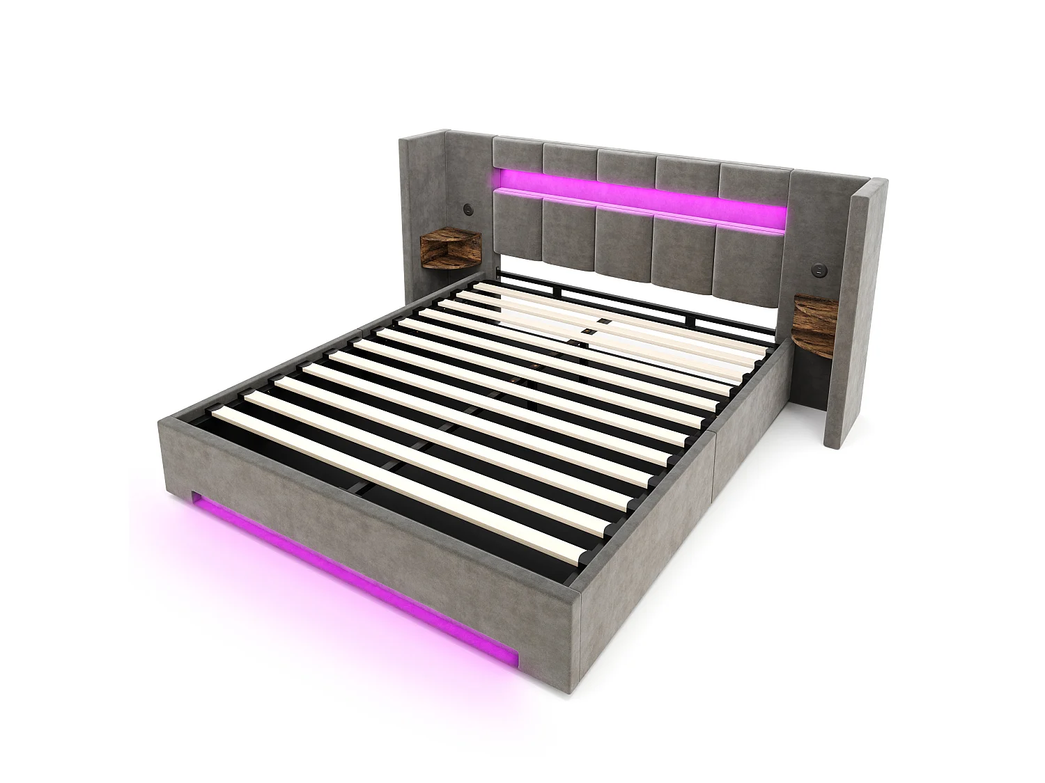 Bettkastenbett 160x200 cm aus dunkelgrauem Velours, Kopfteil mit LED, Nachttisch und 2 USB-Anschlüssen, ohne Matratze