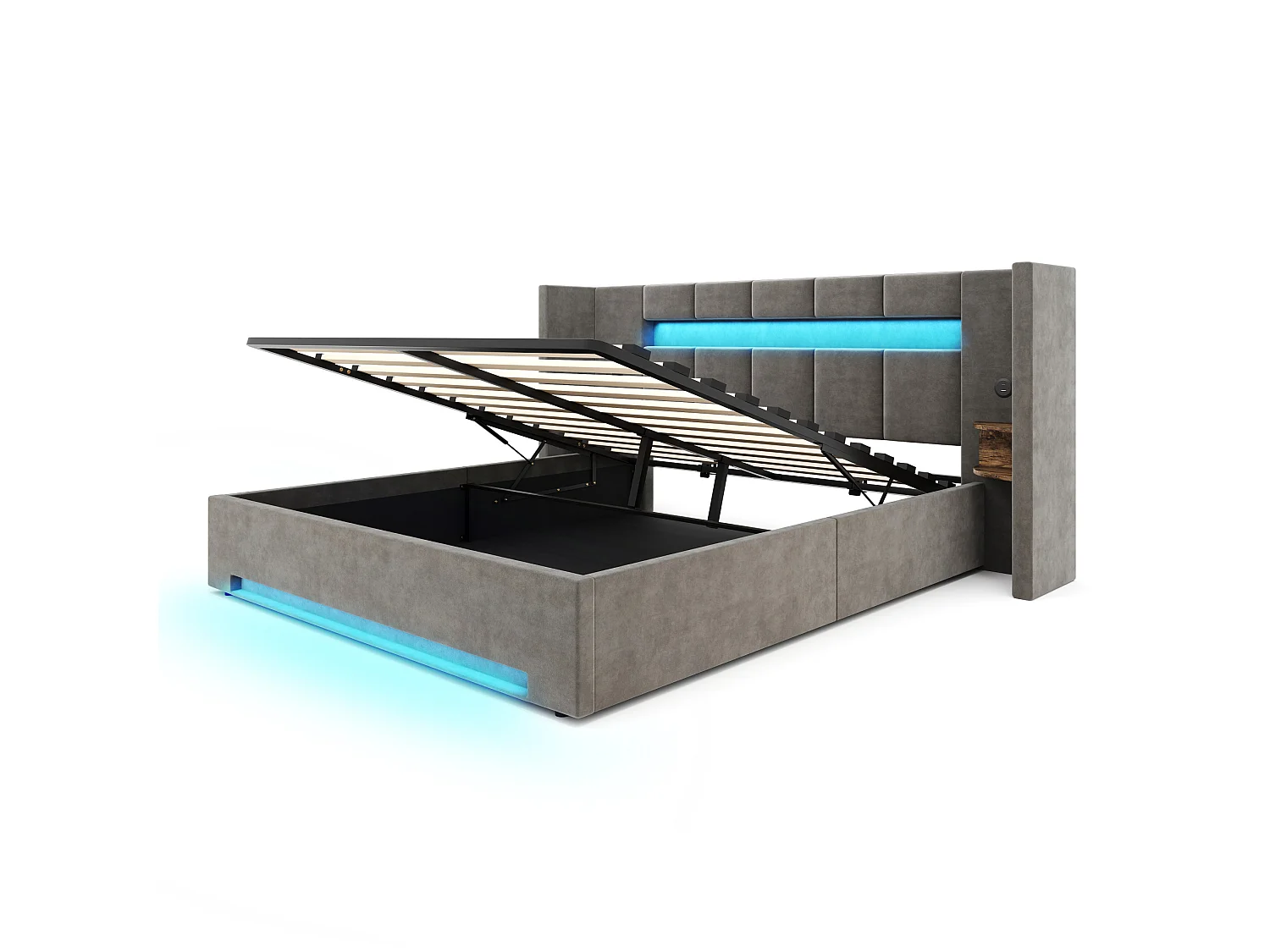 Bettkastenbett 160x200 cm aus dunkelgrauem Velours, Kopfteil mit LED, Nachttisch und 2 USB-Anschlüssen, ohne Matratze