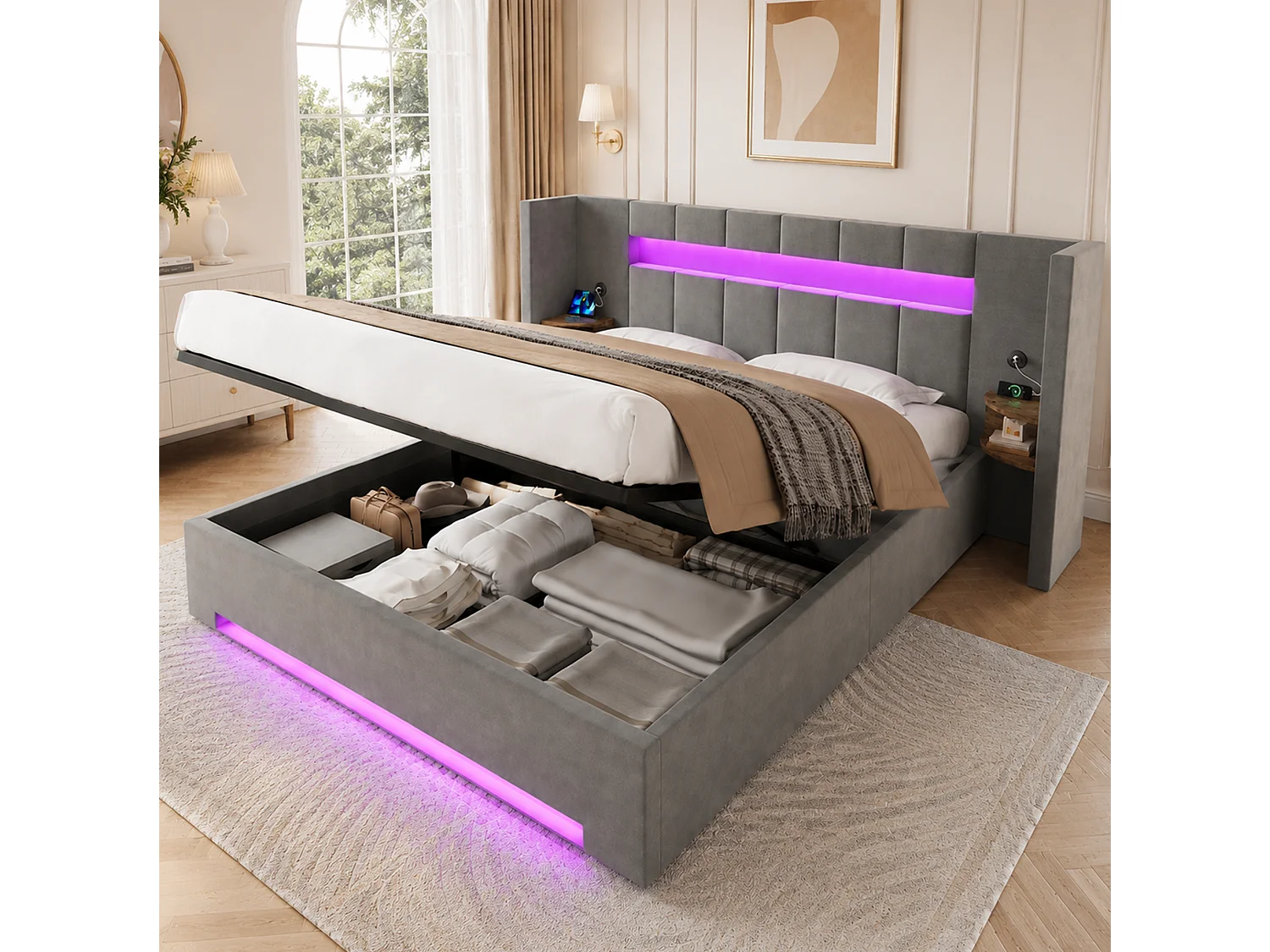 Bettkastenbett 160x200 cm aus dunkelgrauem Velours, Kopfteil mit LED, Nachttisch und 2 USB-Anschlüssen, ohne Matratze