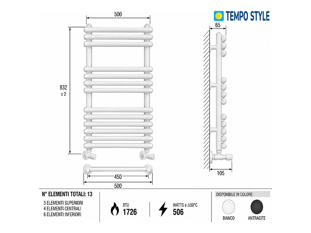 Tempo Style - Sèche-serviettes 832x500 mm | 506 W | Radiateur décoratif 1726 BTU, 13 éléments (3+4+6), blanc