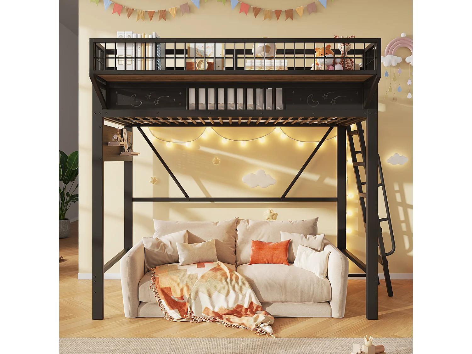 Lit mezzanine 90x200 cm en métal noir avec rangements espace ouvert et escalier réversible, sans matelas