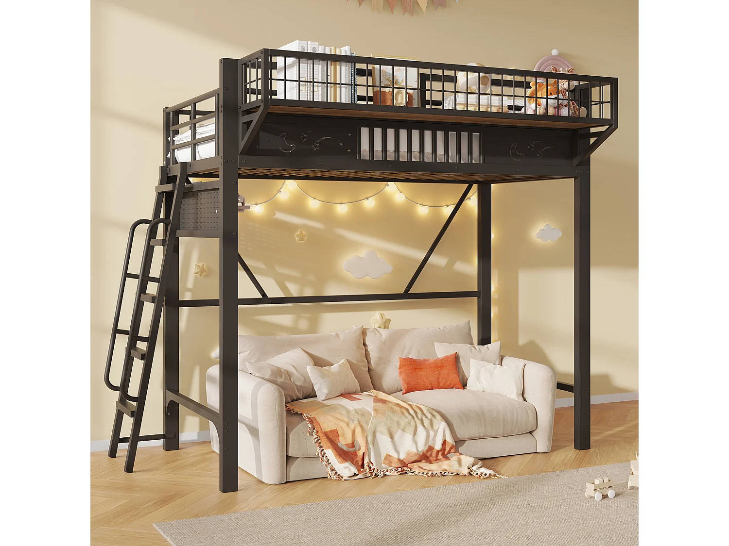 Lit mezzanine 90x200 cm en métal noir avec rangements espace ouvert et escalier réversible, sans matelas