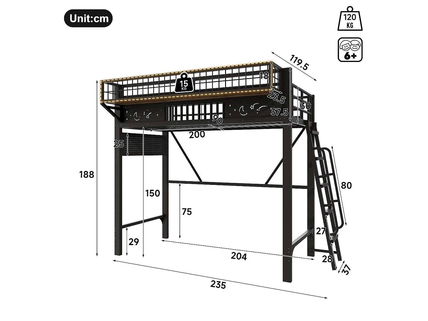 Lit mezzanine 90x200 cm en métal noir avec rangements espace ouvert et escalier réversible, sans matelas