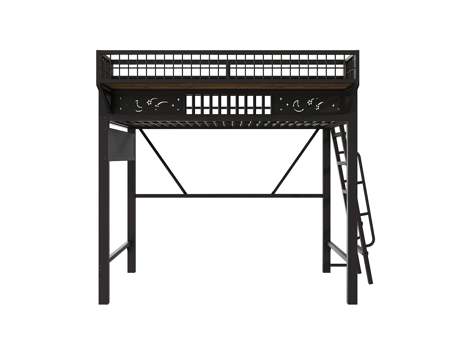 Lit mezzanine 90x200 cm en métal noir avec rangements espace ouvert et escalier réversible, sans matelas