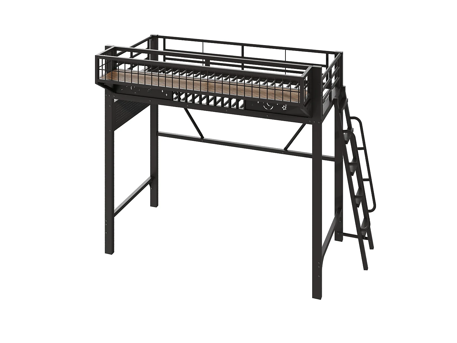 Lit mezzanine 90x200 cm en métal noir avec rangements espace ouvert et escalier réversible, sans matelas