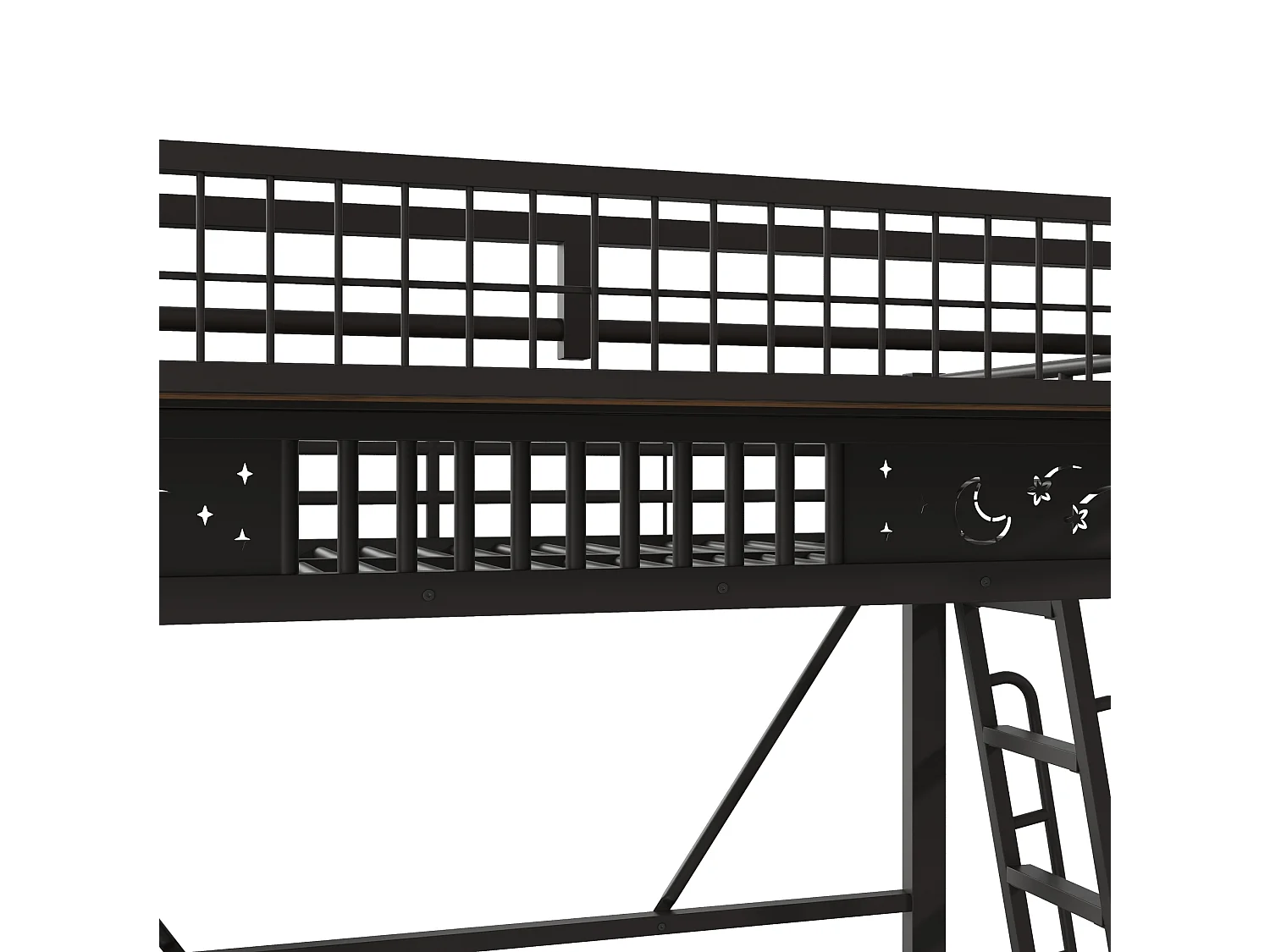 Lit mezzanine 90x200 cm en métal noir avec rangements espace ouvert et escalier réversible, sans matelas