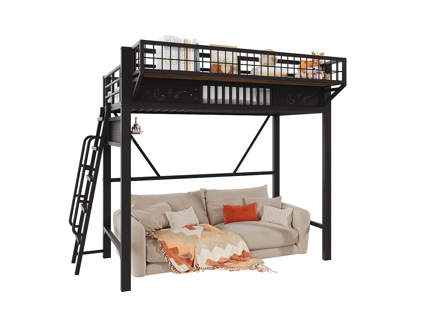 Lit mezzanine 90x200 cm en métal noir avec rangements espace ouvert et escalier réversible, sans matelas