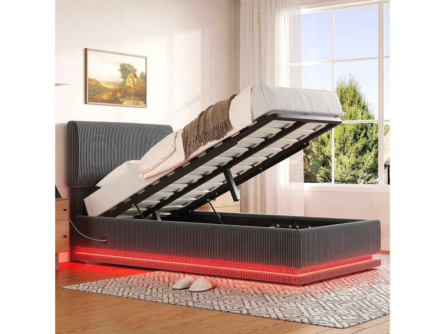 Lit coffre 90x200 cm en velours côtelé gris foncé, tête de lit réglable avec éclairage LED et port USB-C, sans matelas
