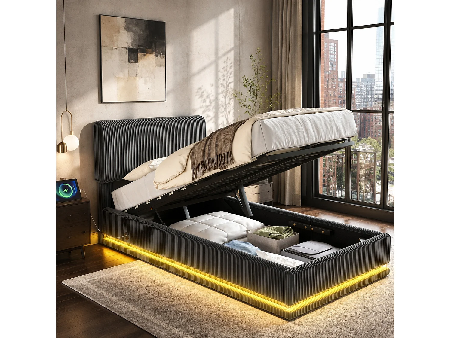 Lit coffre 90x200 cm en velours côtelé gris foncé, tête de lit réglable avec éclairage LED et port USB-C, sans matelas