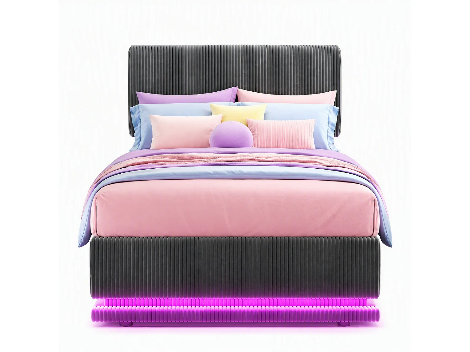 Lit coffre 90x200 cm en velours côtelé gris foncé, tête de lit réglable avec éclairage LED et port USB-C, sans matelas