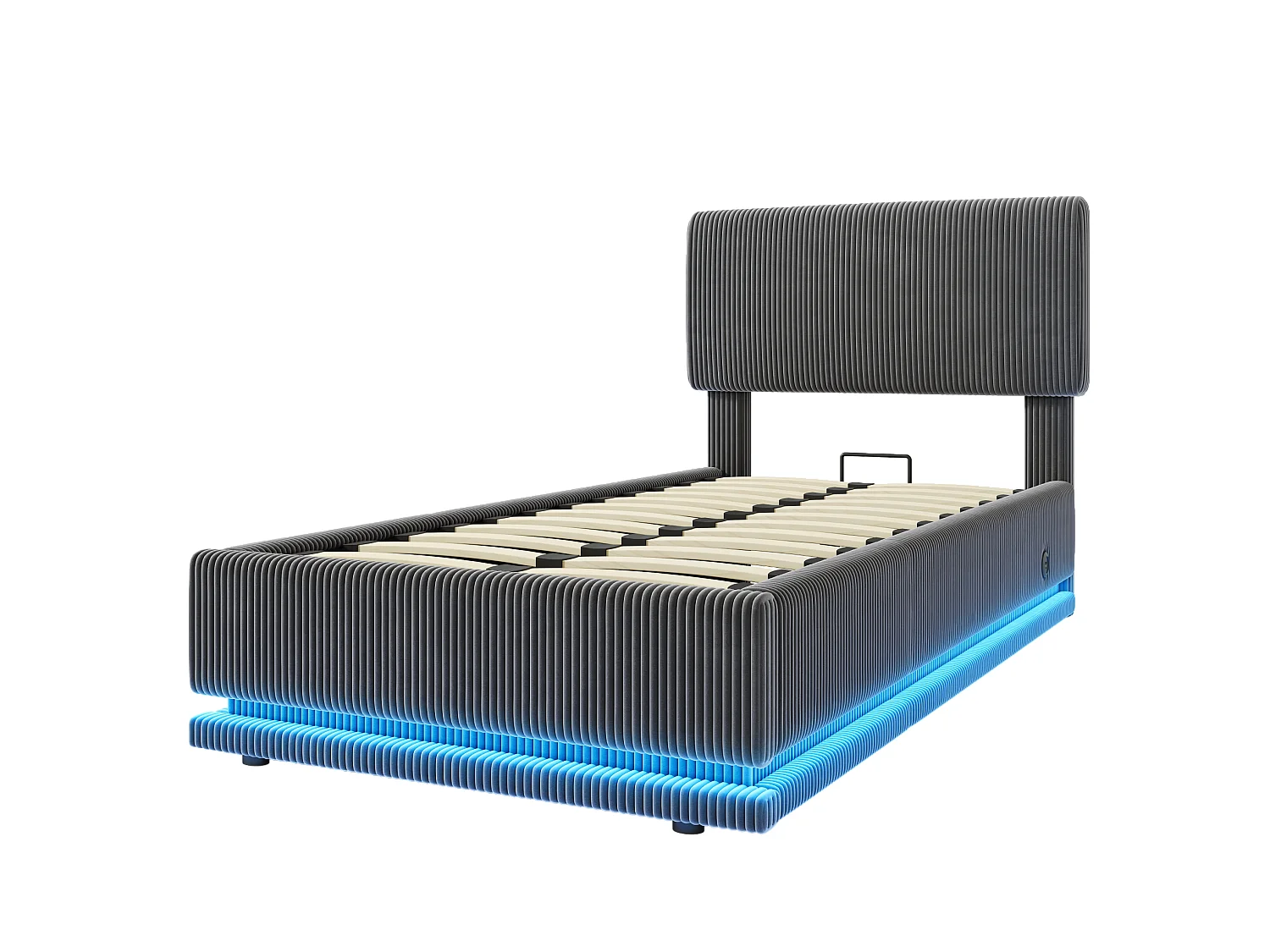 Lit coffre 90x200 cm en velours côtelé gris foncé, tête de lit réglable avec éclairage LED et port USB-C, sans matelas