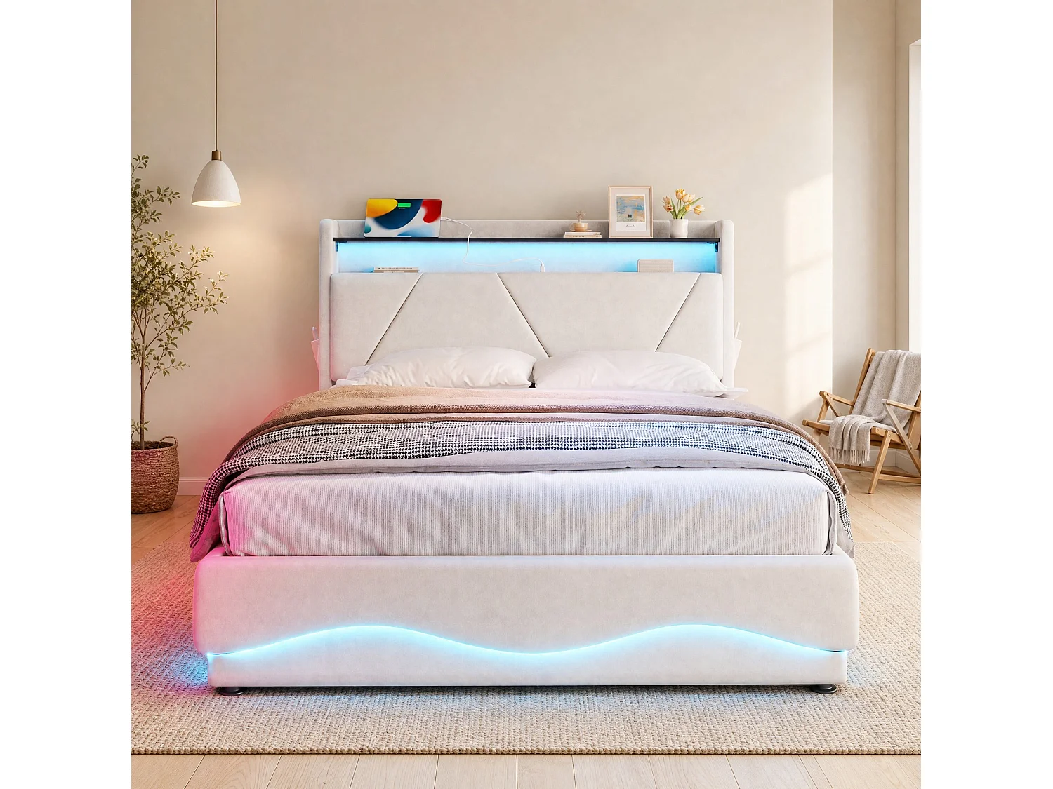 Bettkastenbett 160x200 cm, beiges Velours, LED, Lattenrost mit Hydraulik, USB & USB-C, ohne Matratze